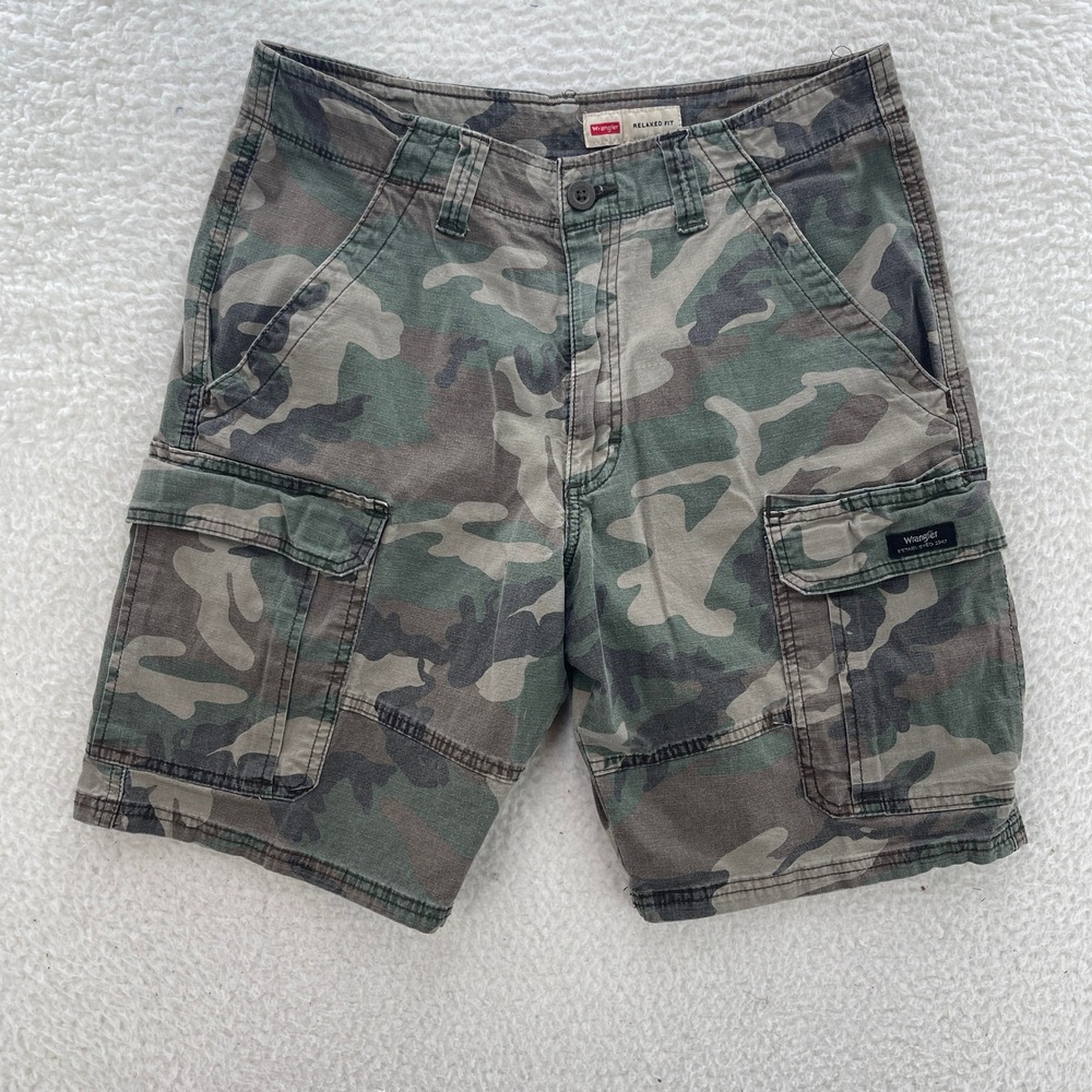Wrangler Cargo Shorts Mens 30 Green Brown Relaxed Fit Camo Ripstop Work Outdoor